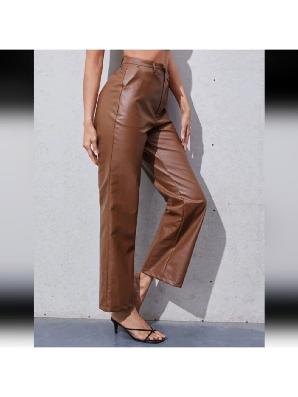 Shein Brown Straight Leg High Waisted Rise Pants Faux Leather Vegan Minimalist